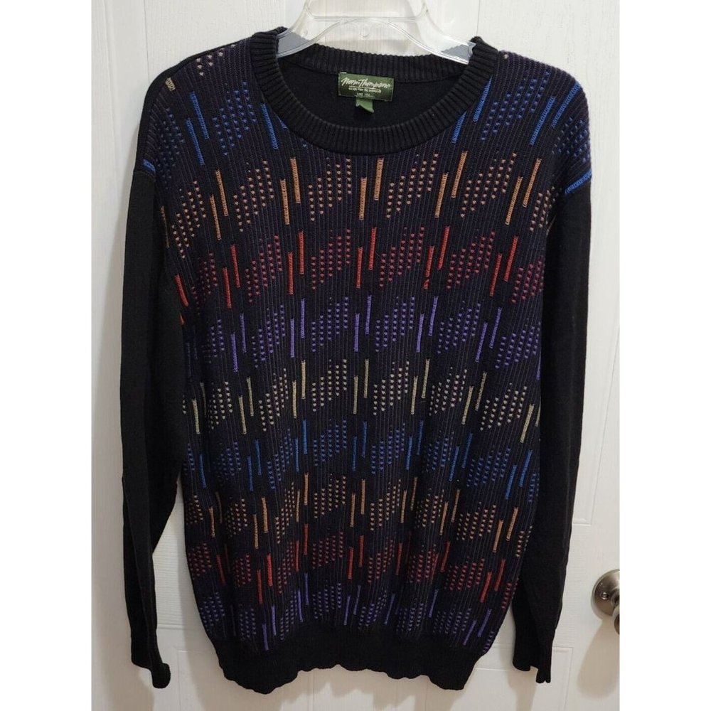 VTG Norm Thompson Black Rainbow Striped Coogi Style Grandpa Sweater Biggie‎ Sz L